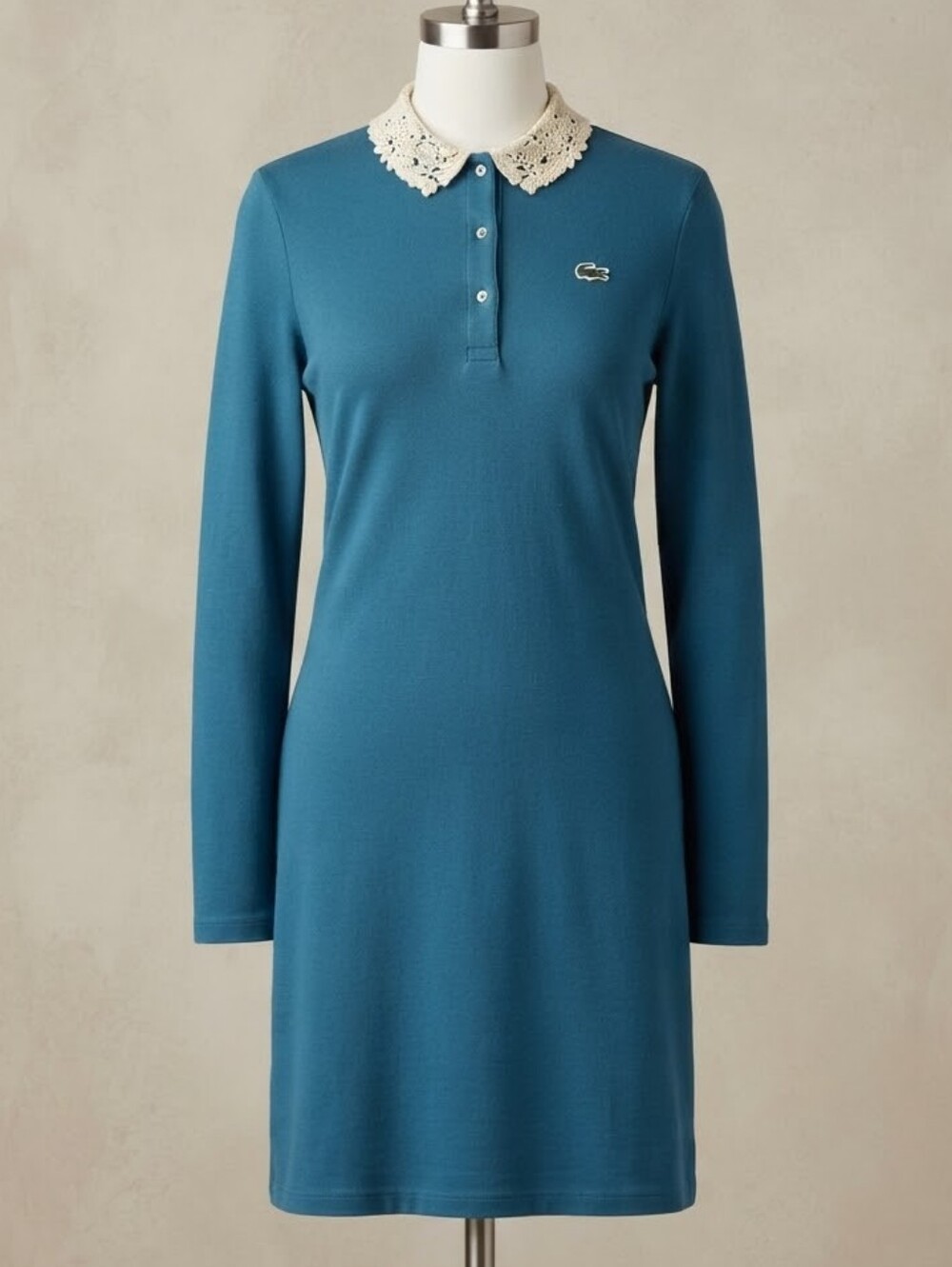 Lacoste Live Teal Blue Wool Blend Polo Dress Crochet Lace Collar XS